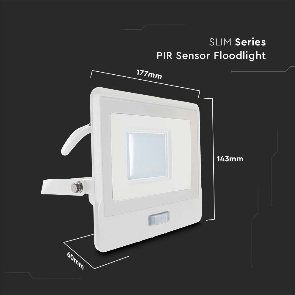30W Projektør med PIR Sensor, Samsung Chip, 1m Kabel, 4000K, Hvid Hus - Ideel til udendørs belysning