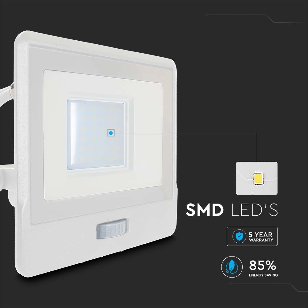 30W Projektør med PIR Sensor, Samsung Chip, 1m Kabel, 4000K, Hvid Hus - Ideel til udendørs belysning