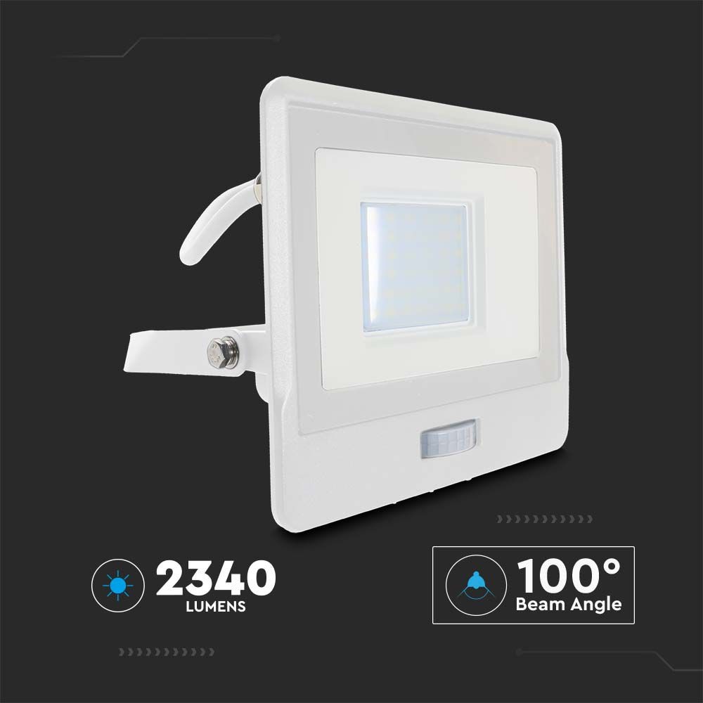 30W Projektør med PIR Sensor, Samsung Chip, 1m Kabel, 4000K, Hvid Hus - Ideel til udendørs belysning