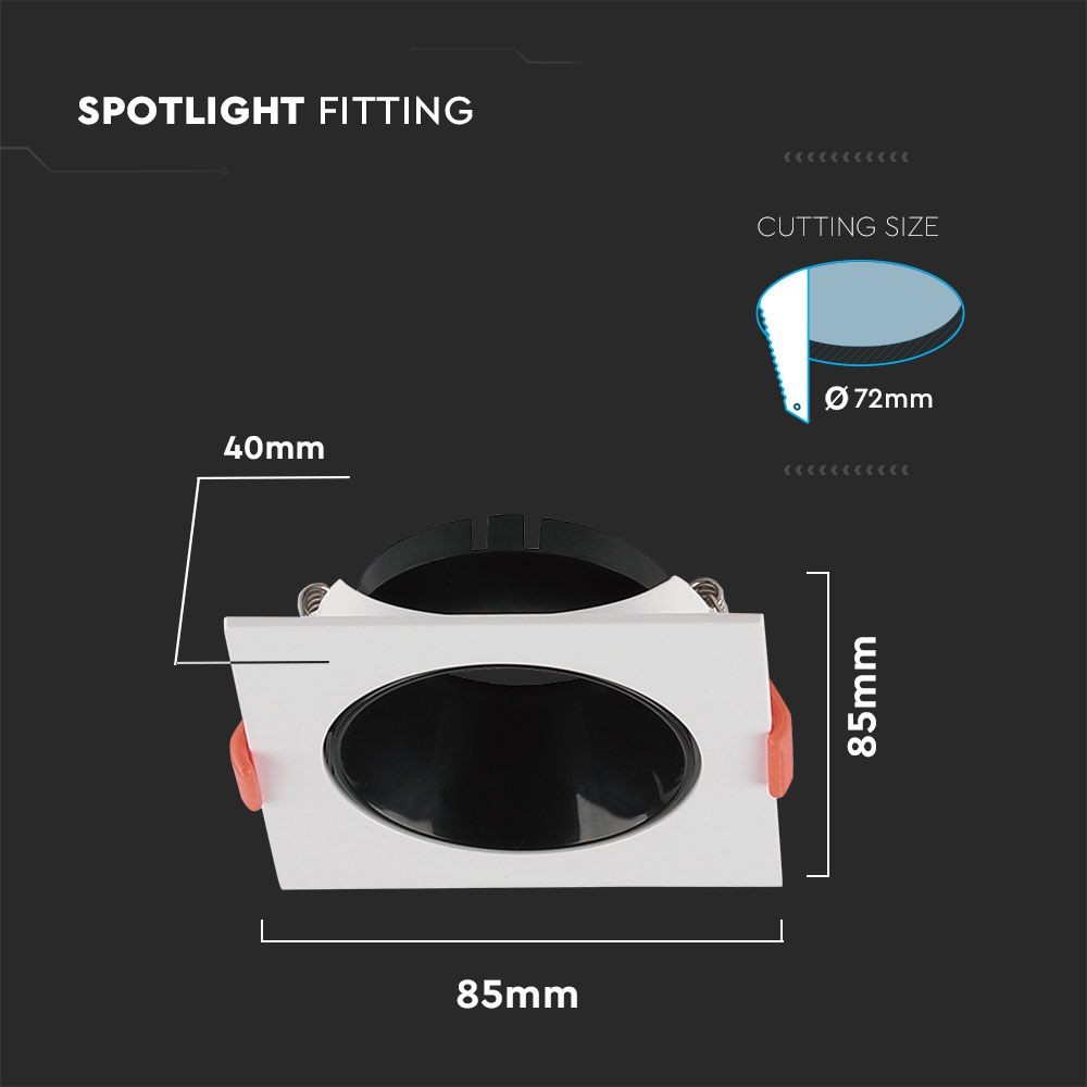GU10 lampe i firkantet hvid ramme med sort reflektor - V-Tac Pro serie med 3 års producent garanti.