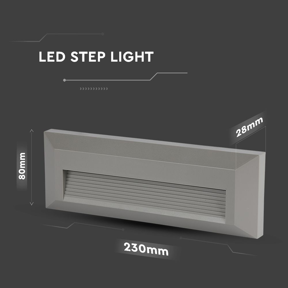 3W LED trappelys med grå hus, rektangulær form, 4000K, 110lm, RA80, IP65 - Ideel til udendørs brug.