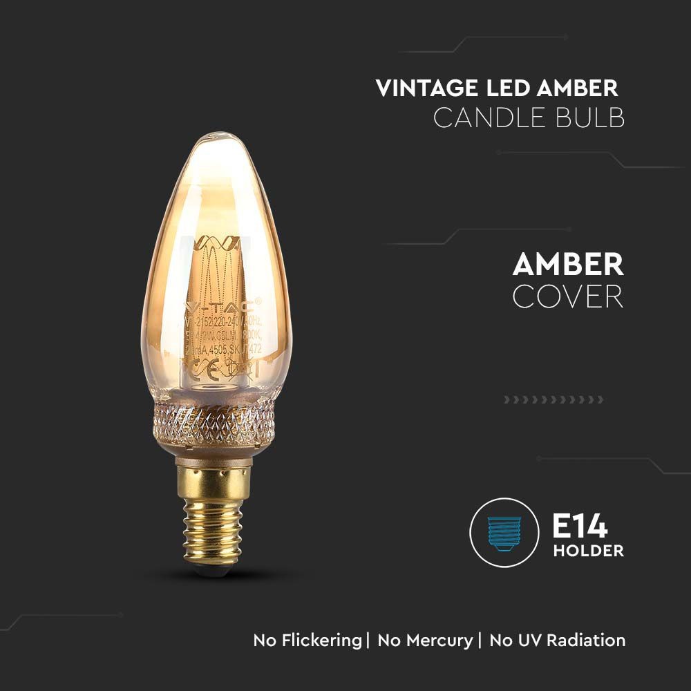 2W LED E14 Kultråd Kertepære, Amber Glas, 1800K - 65lm, RA80