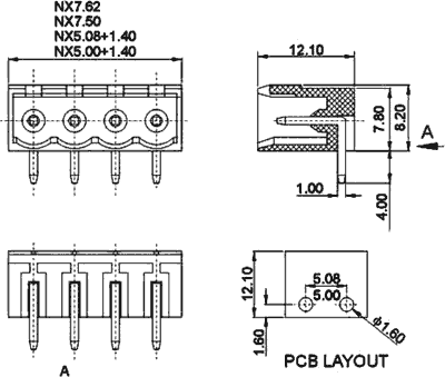 Printfatning til indstik skrueterminal - 2P han 5,08mm, 90°