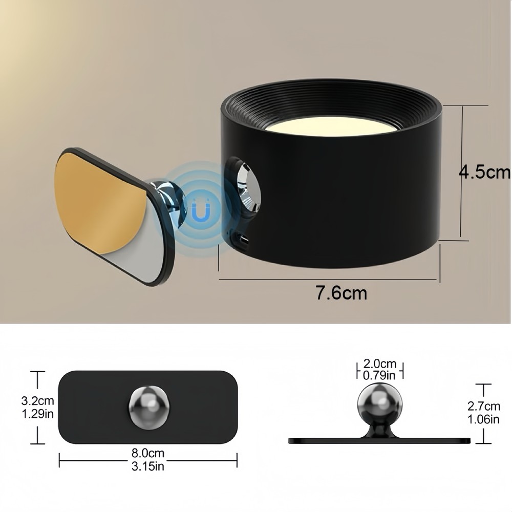 Genopladelig væglampe CCT 4,5W Sort Rund 360° roterbar IP20 inkl. lyskilde 5V DC USB 450lm RA80