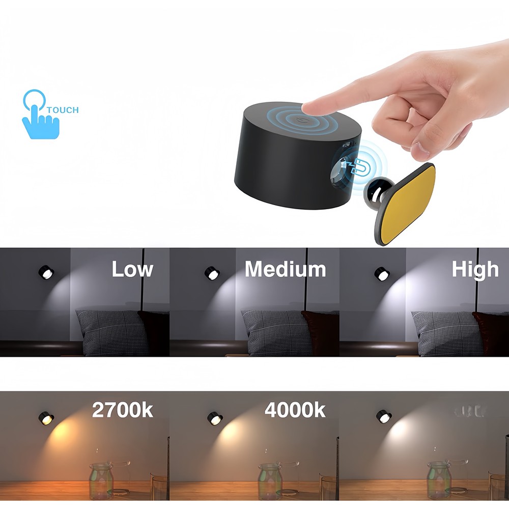 Genopladelig væglampe CCT 4,5W Sort Rund 360° roterbar IP20 inkl. lyskilde 5V DC USB 450lm RA80