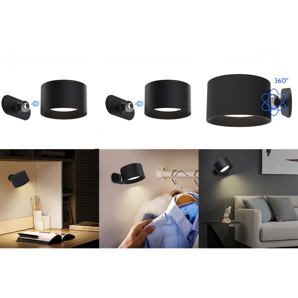 Genopladelig væglampe CCT 4,5W Sort Rund 360° roterbar IP20 inkl. lyskilde 5V DC USB 450lm RA80