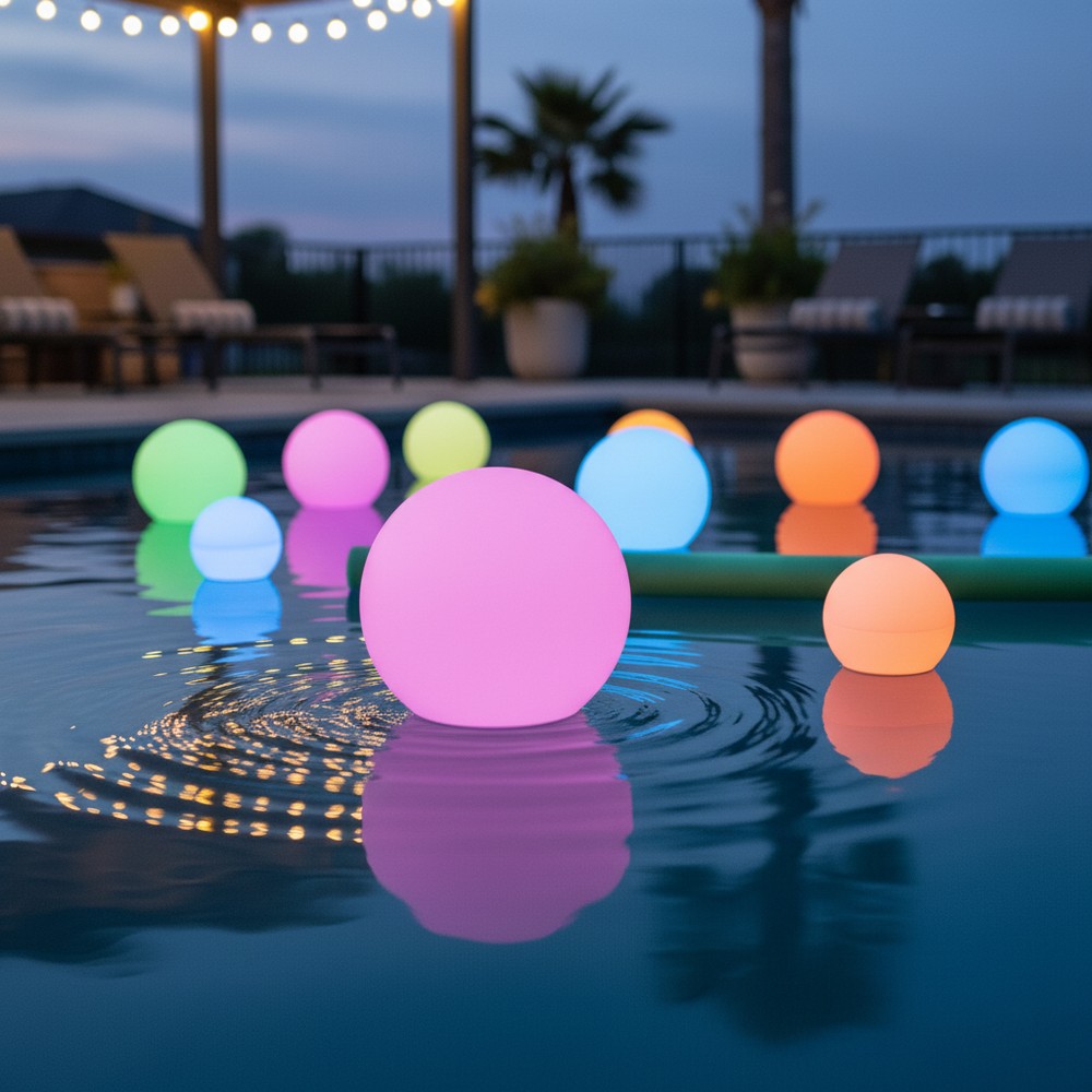 Genopladelig RGBW LED kugle (Ø8 cm) med fjernbetjening og IP68 beskyttelse