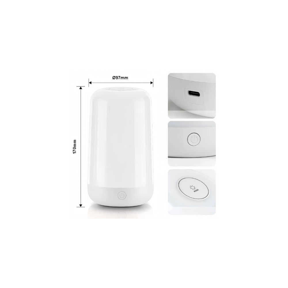 Opladelig RGB+CCT LED bordlampe/natlampe - Hvid, touch dæmpbar, IP20 indendørs, 5W, RA80