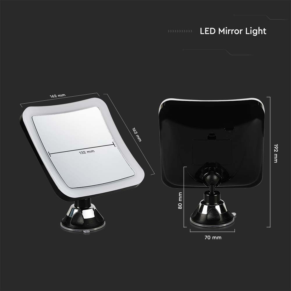 3,2W LED Spejllampe med Sort Hus og 3xAA Batteri - Perfekt til Badeværelset - 16,2x19,2cm