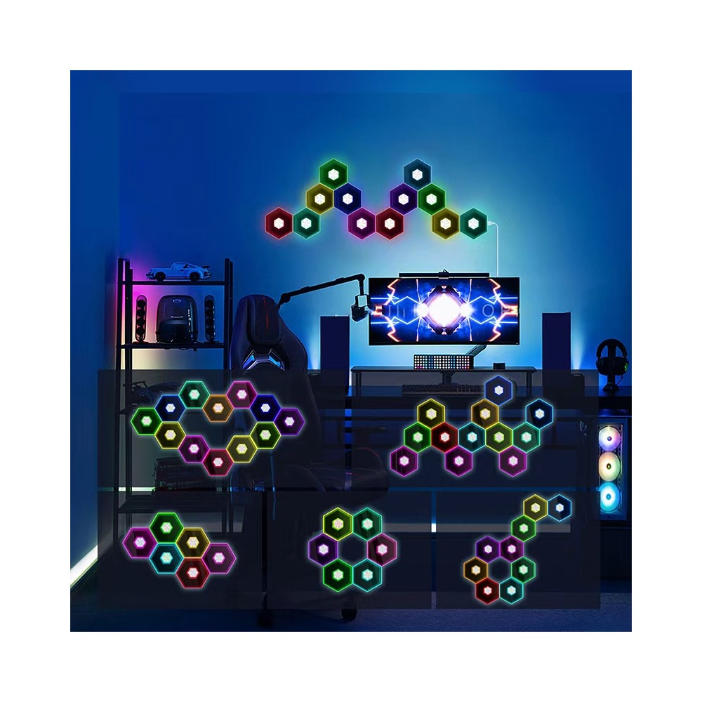 RGBIC Hexagon Infinity Væglys 10 stk. sæt - 10W, 5V input - Luksuriøst lys til enhver indretning!