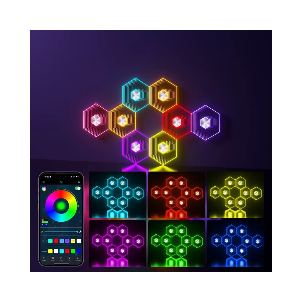 RGBIC Hexagon Infinity Væglys 12 stk. sæt i 12W - Multifarvet LED væglampe med 5V input til stemningsfuld belysning