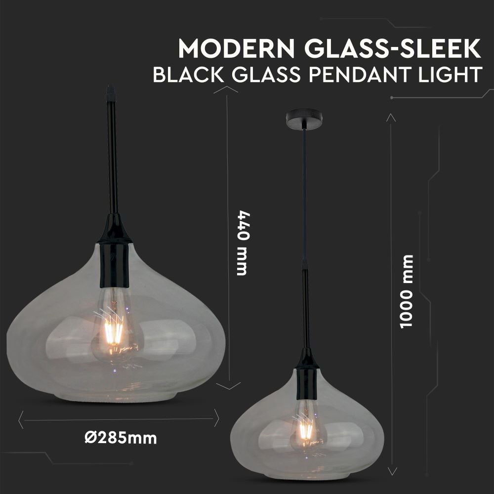 Moderne glas pendellampe i glansfuldt sort design med en diameter på 280 mm og E27 fatning.