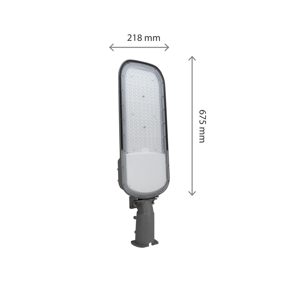 Gadelampe STREETOS 2 150W - Neutral Hvid, 230V, 145/75°, IP65, IK09, 675x218x75mm, Grå, Skumringssensor