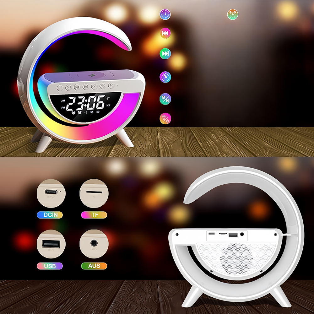 G-formet RGBIC lampe med trådløs oplader i hvid finish og Bluetooth-teknologi - 24x23cm - 3W effekt - 5V USB input