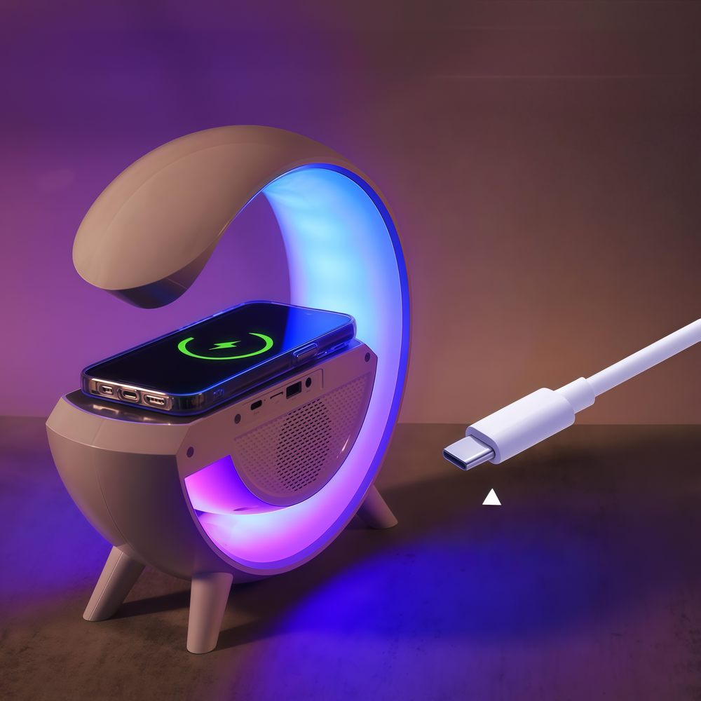 G-formet RGBIC lampe med trådløs oplader i hvid finish og Bluetooth-teknologi - 24x23cm - 3W effekt - 5V USB input