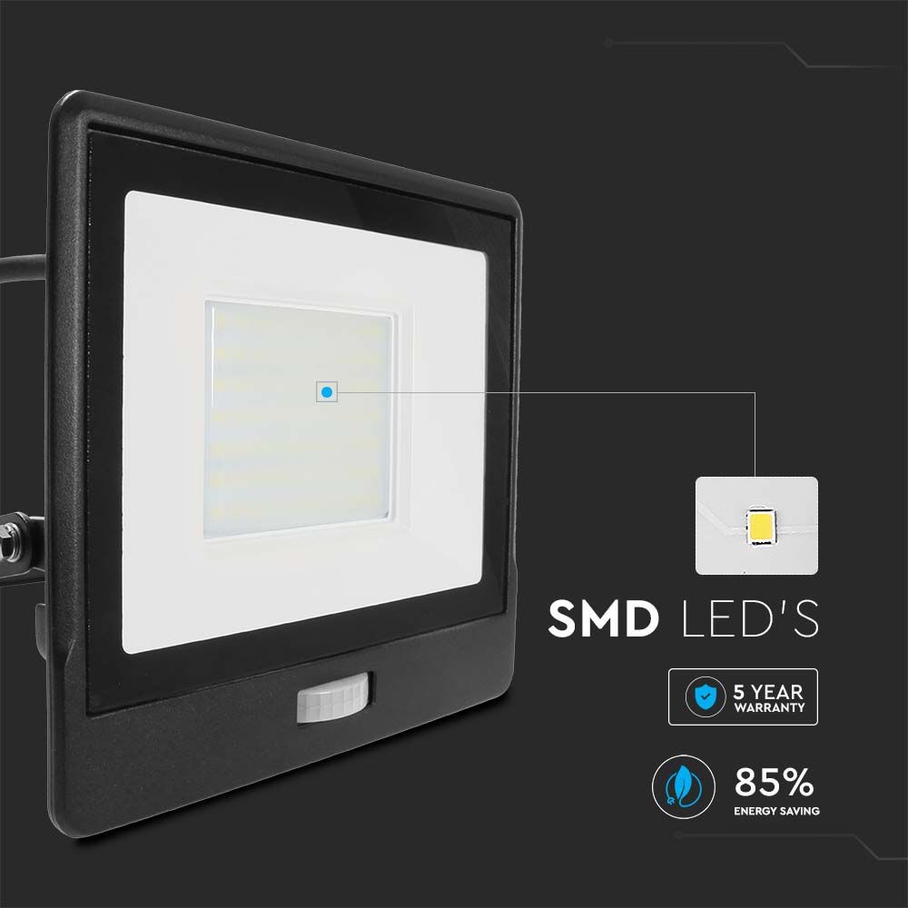PIR sensor projektør 50W med Samsung chip og 1m kabel - 6500K, sort hus