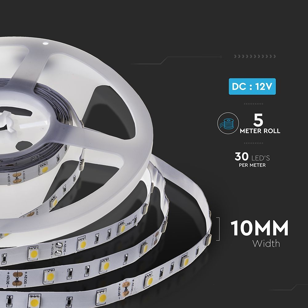 30 stk. LED-stribelys med en effekt på 4.8W, varm hvidt lys (3000K) og beskyttelsesklasse IP20