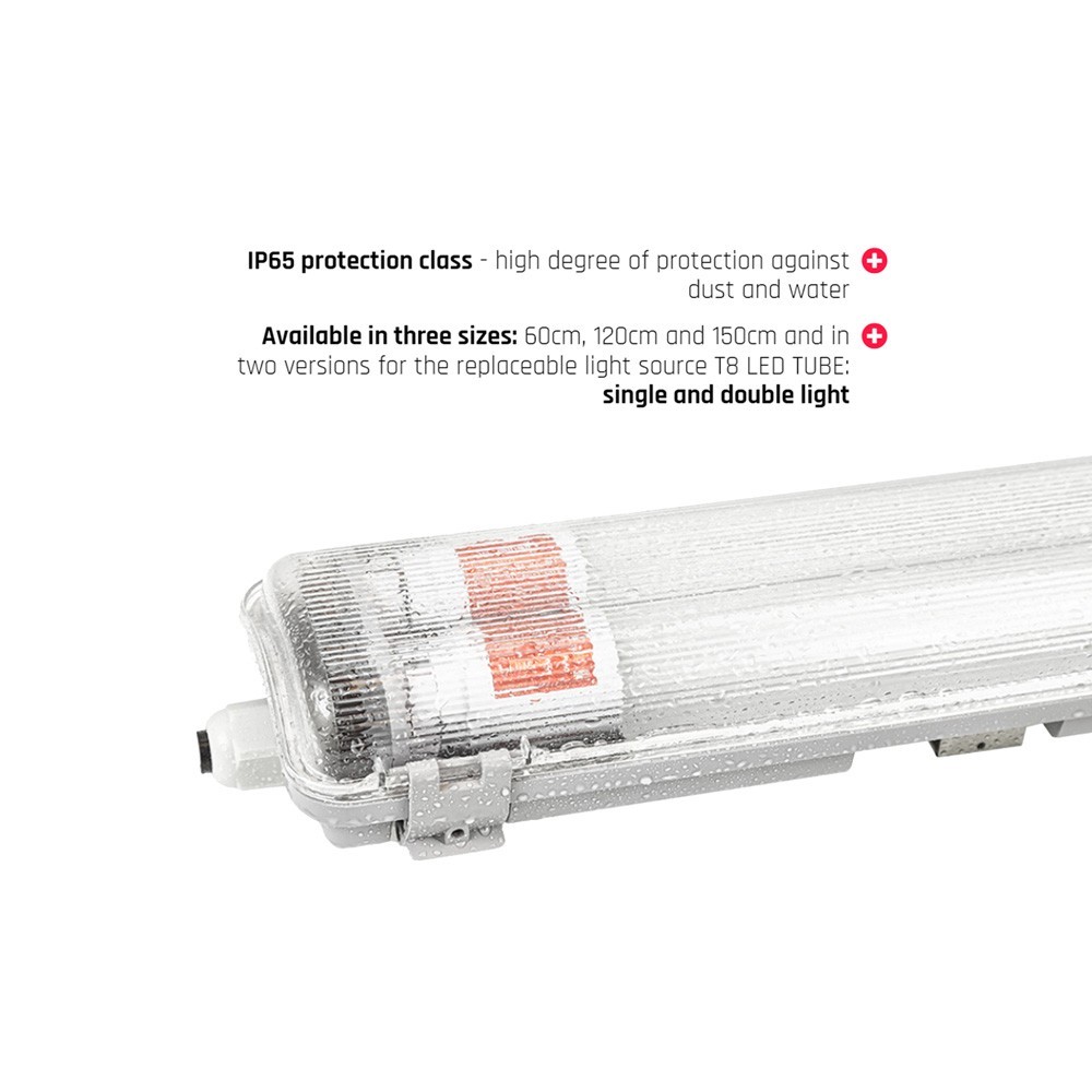 Limea T8 LED dobbeltarmatur inkl. 18,5W LED rør på 120cm, vandtæt IP65, 37W traditionelt lysstofrør på 131cm