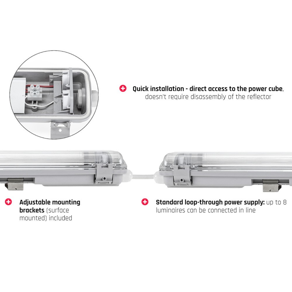 Dobbeltarmatur med Limea T8 LED-rør - 24W, 150cm, IP65 vandtæt, inkluderet. 48W, 161cm, traditionelt lysstofrør. Input: 230V. 5000lm. RA80. IP65.