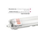 Dobbeltarmatur med Limea T8 LED-rør - 24W, 150cm, IP65 vandtæt, inkluderet. 48W, 161cm, traditionelt lysstofrør. Input: 230V. 5000lm. RA80. IP65.