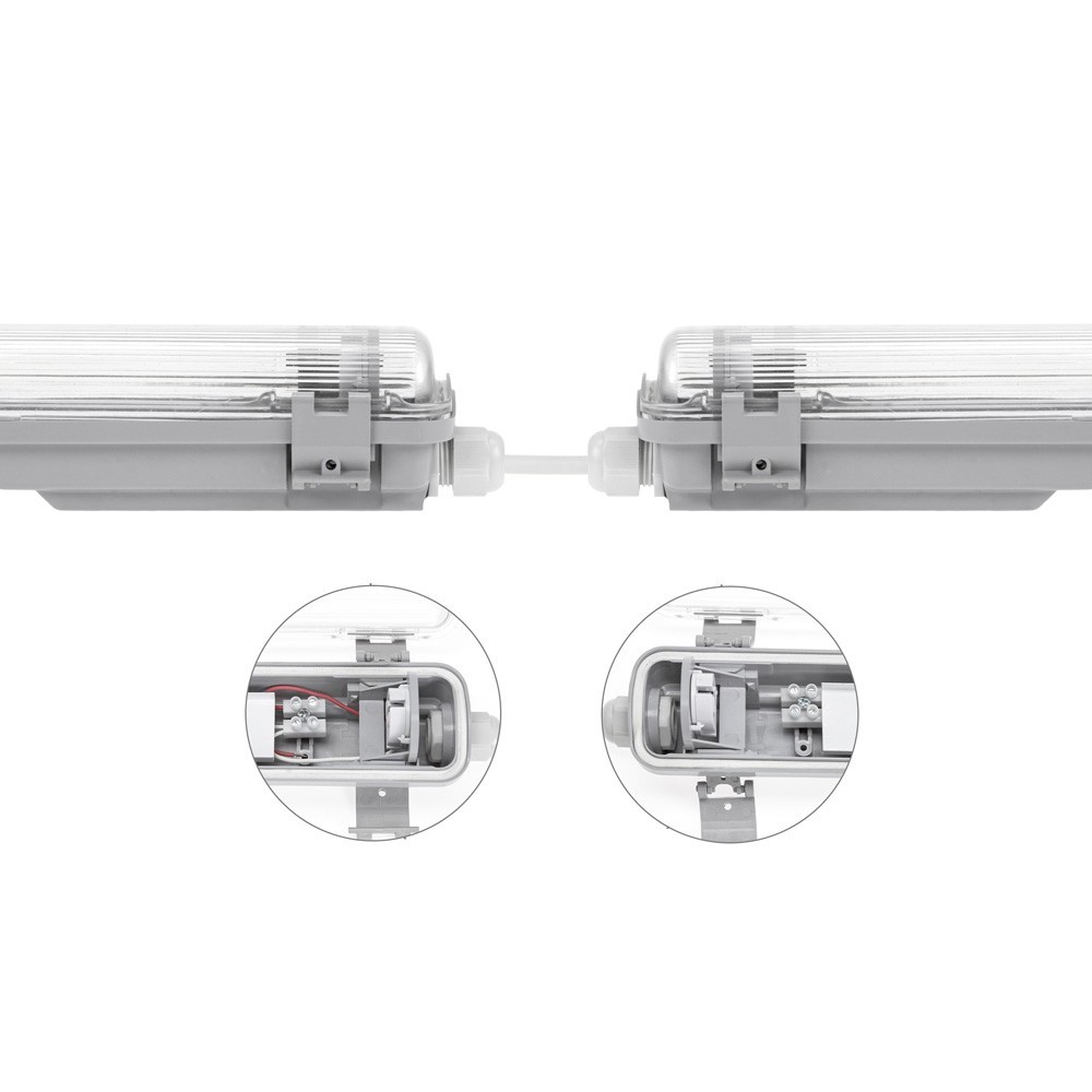 Dobbeltarmatur med Limea T8 LED-rør - 24W, 150cm, IP65 vandtæt, inkluderet. 48W, 161cm, traditionelt lysstofrør. Input: 230V. 5000lm. RA80. IP65.