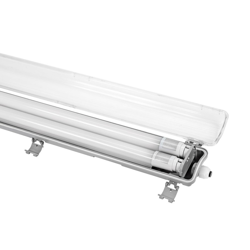 Dobbeltarmatur med Limea T8 LED-rør - 24W, 150cm, IP65 vandtæt, inkluderet. 48W, 161cm, traditionelt lysstofrør. Input: 230V. 5000lm. RA80. IP65.