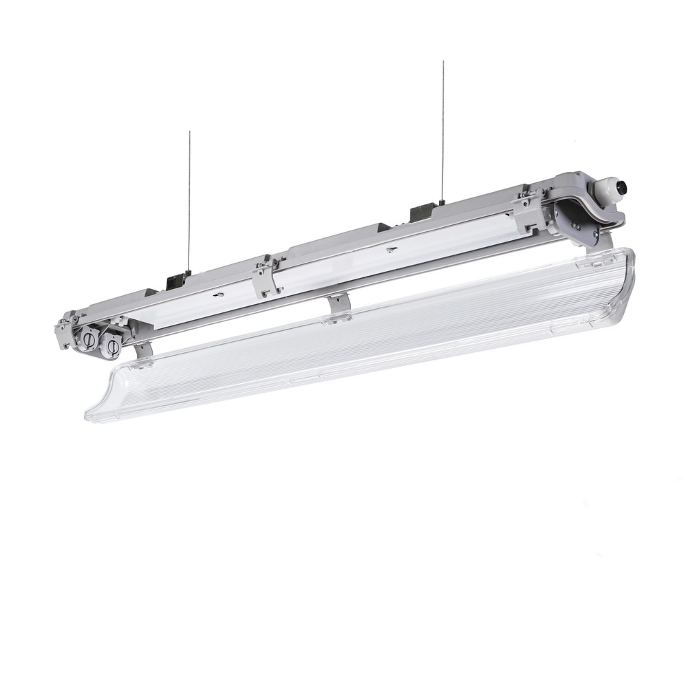 Dobbeltarmatur med Limea T8 LED-rør - 24W, 150cm, IP65 vandtæt, inkluderet. 48W, 161cm, traditionelt lysstofrør. Input: 230V. 5000lm. RA80. IP65.