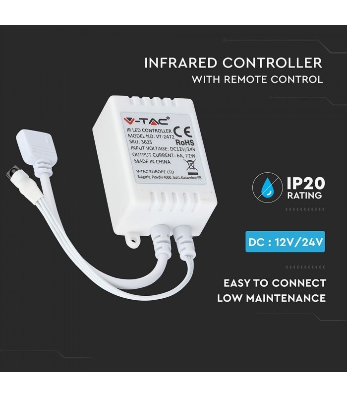 RGB kontroller med fjernbetjening - memory funktion, infrarød, 12V (72W), 24V (144W)