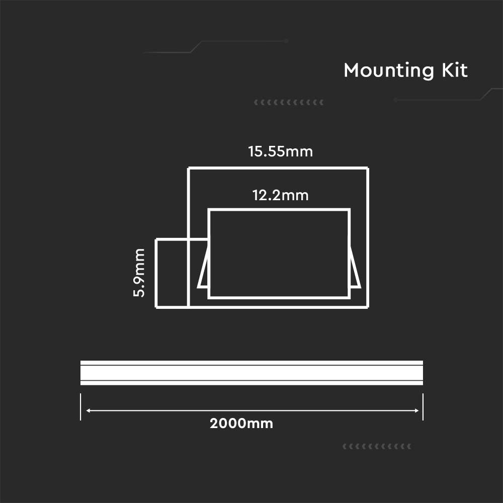 Monteringssæt med diffuser til LED stribe overflade - 2000x15,55x5,9mm, sølv