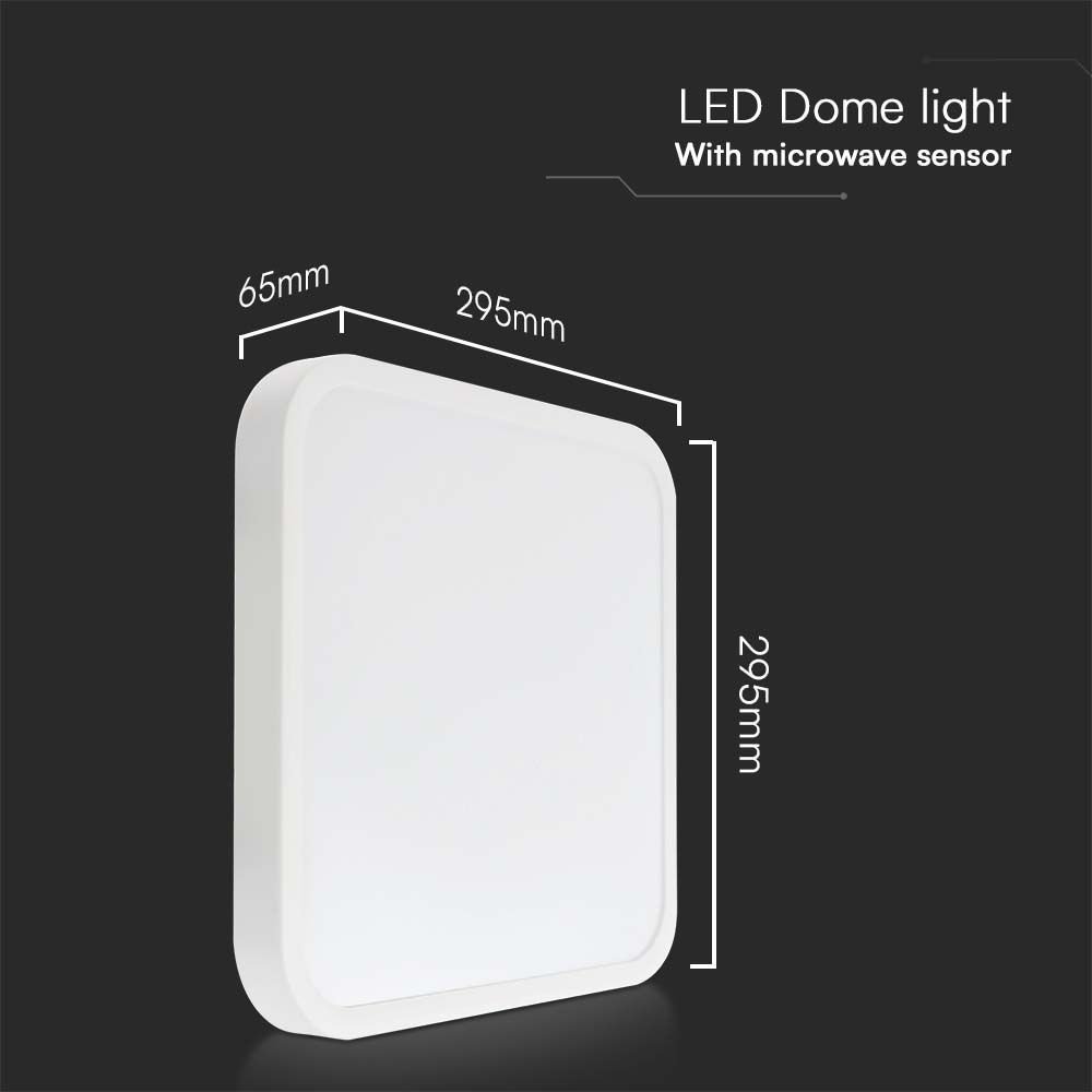 18W LED Dome Lys med Sensor, Samsung Chip, 4000K, Firkantet, Hvid Ramme, IP44 Beskyttelse