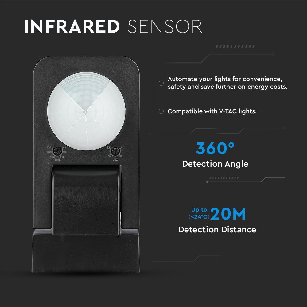 Sort Infrarød Bevægelsessensor med IP65 beskyttelse (Maks: 1000W LED)