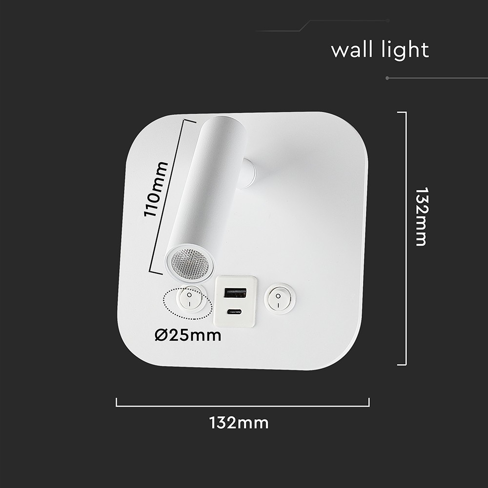 VT-80068 LED sengelampe med USB/PD opladning, Cree-chip, 3000K, hvid