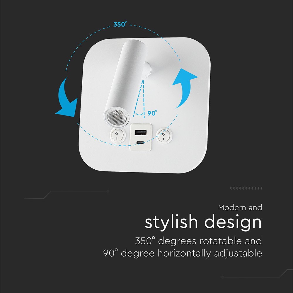 VT-80068 LED sengelampe med USB/PD opladning, Cree-chip, 3000K, hvid
