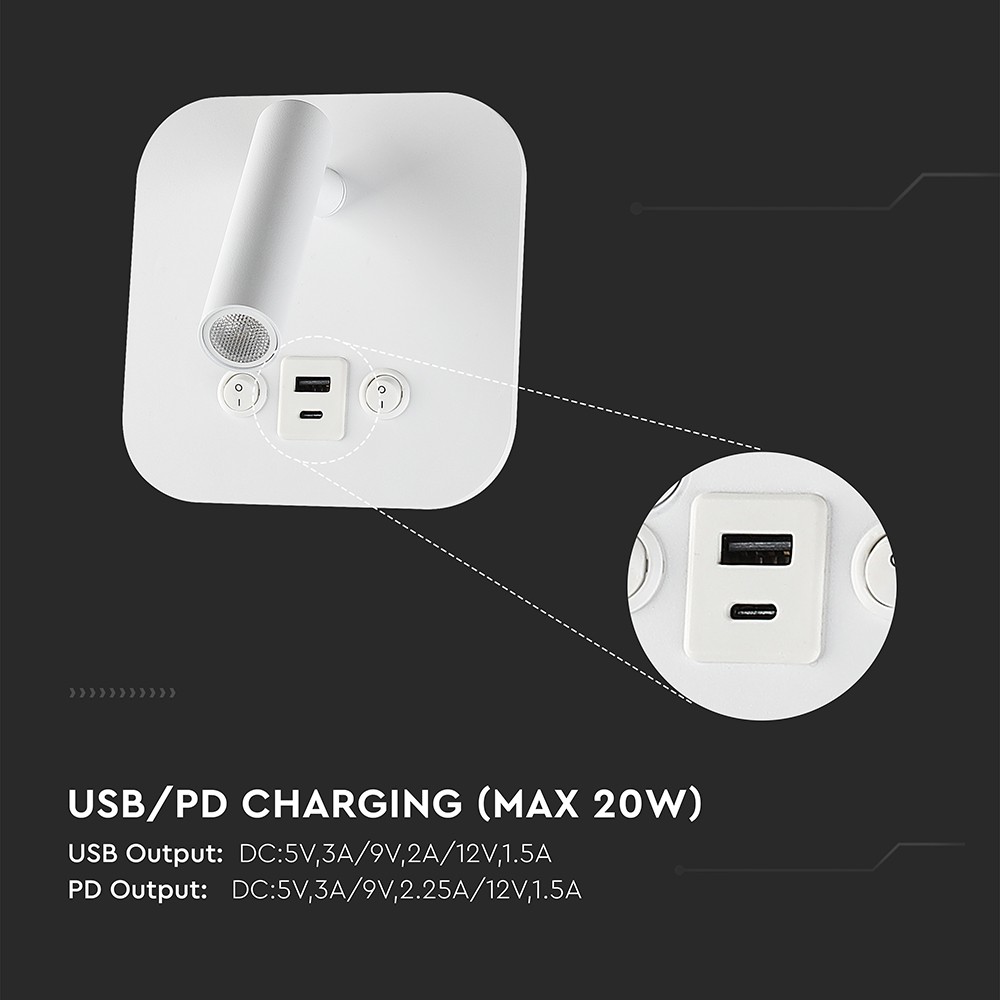 VT-80068 LED sengelampe med USB/PD opladning, Cree-chip, 3000K, hvid