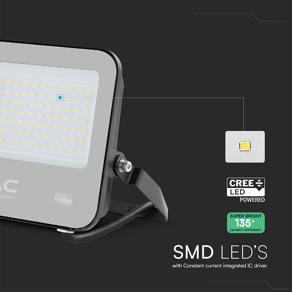 VT-4455 LED Projektør 50W Cree Chip 3000K Sort Hus Gråt Glas 135lm/W IP65 6 Års Garanti
