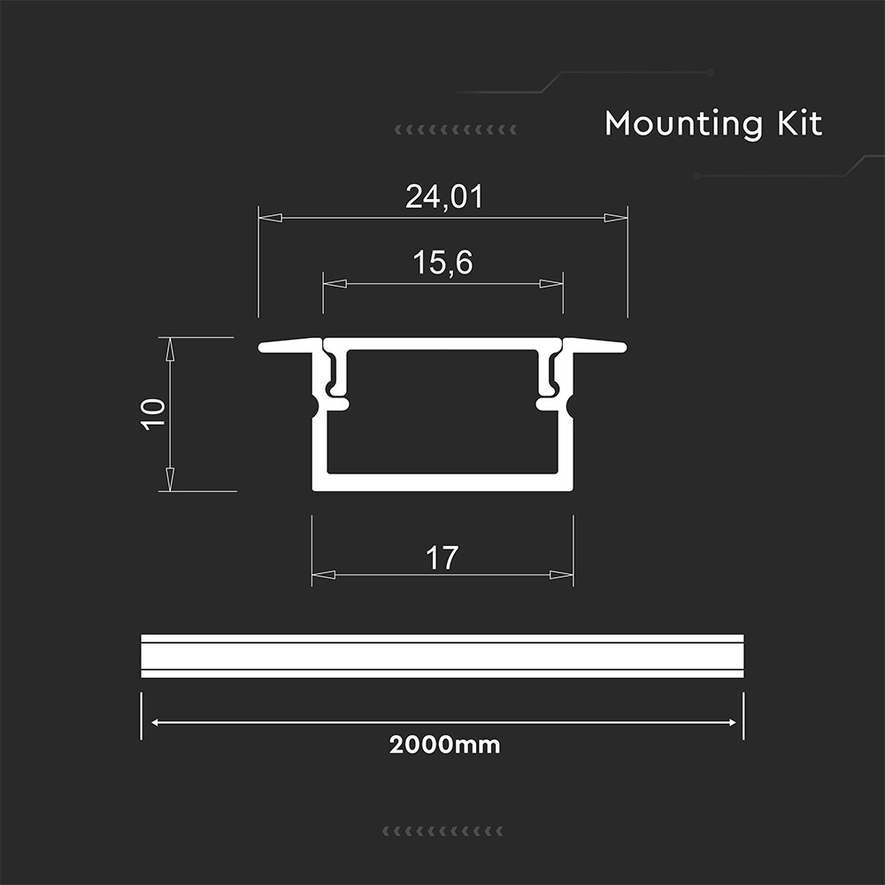 Monteringssæt til LED-strip med diffuser, sølv, 2000mm, VT-71007, indbygget, 17x10mm, V-Tac Pro, 5 års garanti