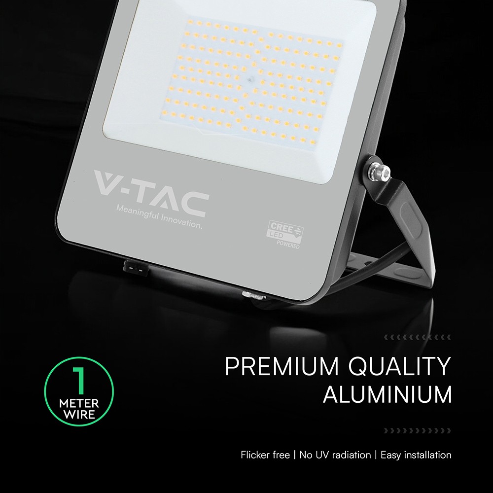 LED projektør 100W - CREE-chip, 1m kabel, 4000K, sort hus, 135 lm/W, 6 års garanti, IP65