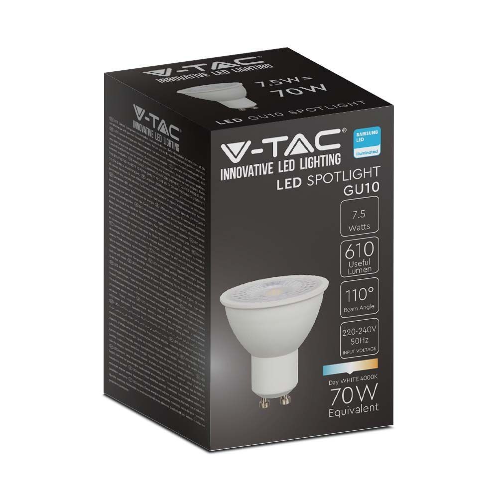 V-Tac 7,5W LED spot - Samsung LED chip, 230V, GU10 (Erstatter 70W, 610lm, RA80)