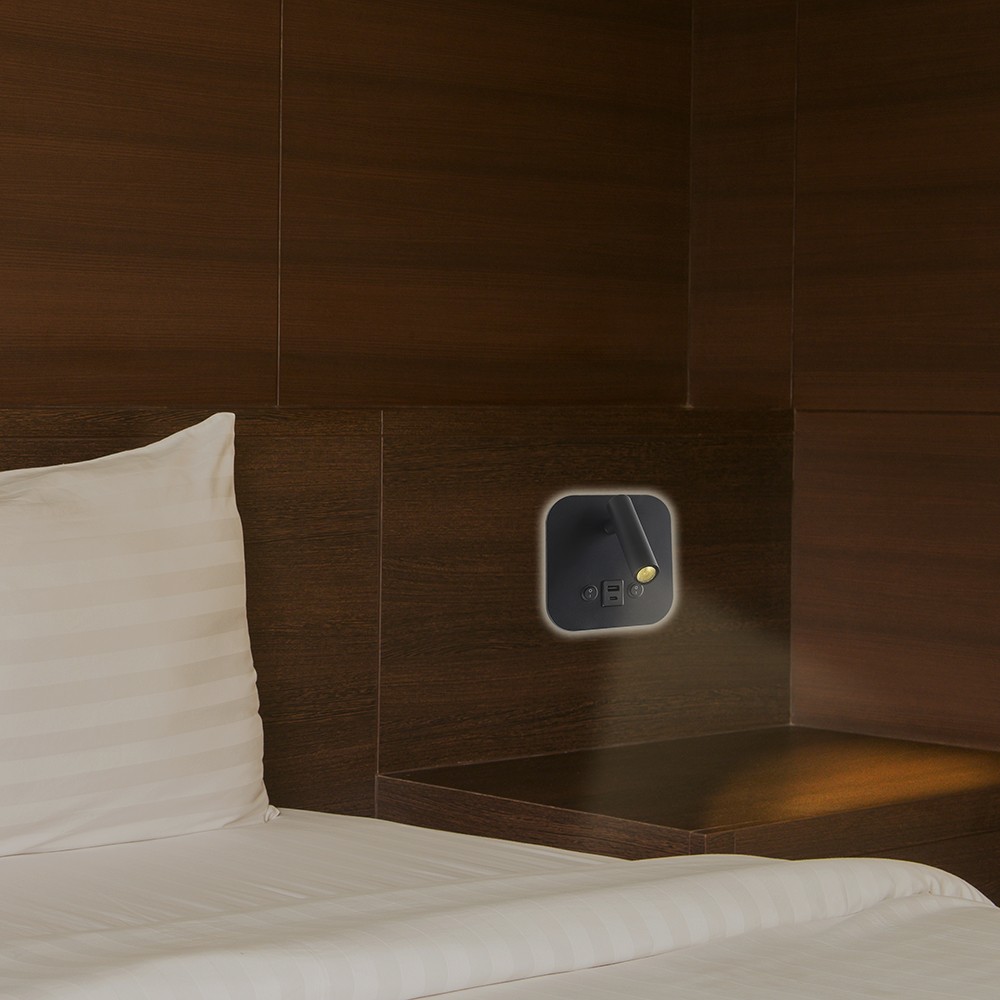 LED sengelampe med vægmontering, USB/PD opladning, 8W, CREE-chip, 3000K, sort
