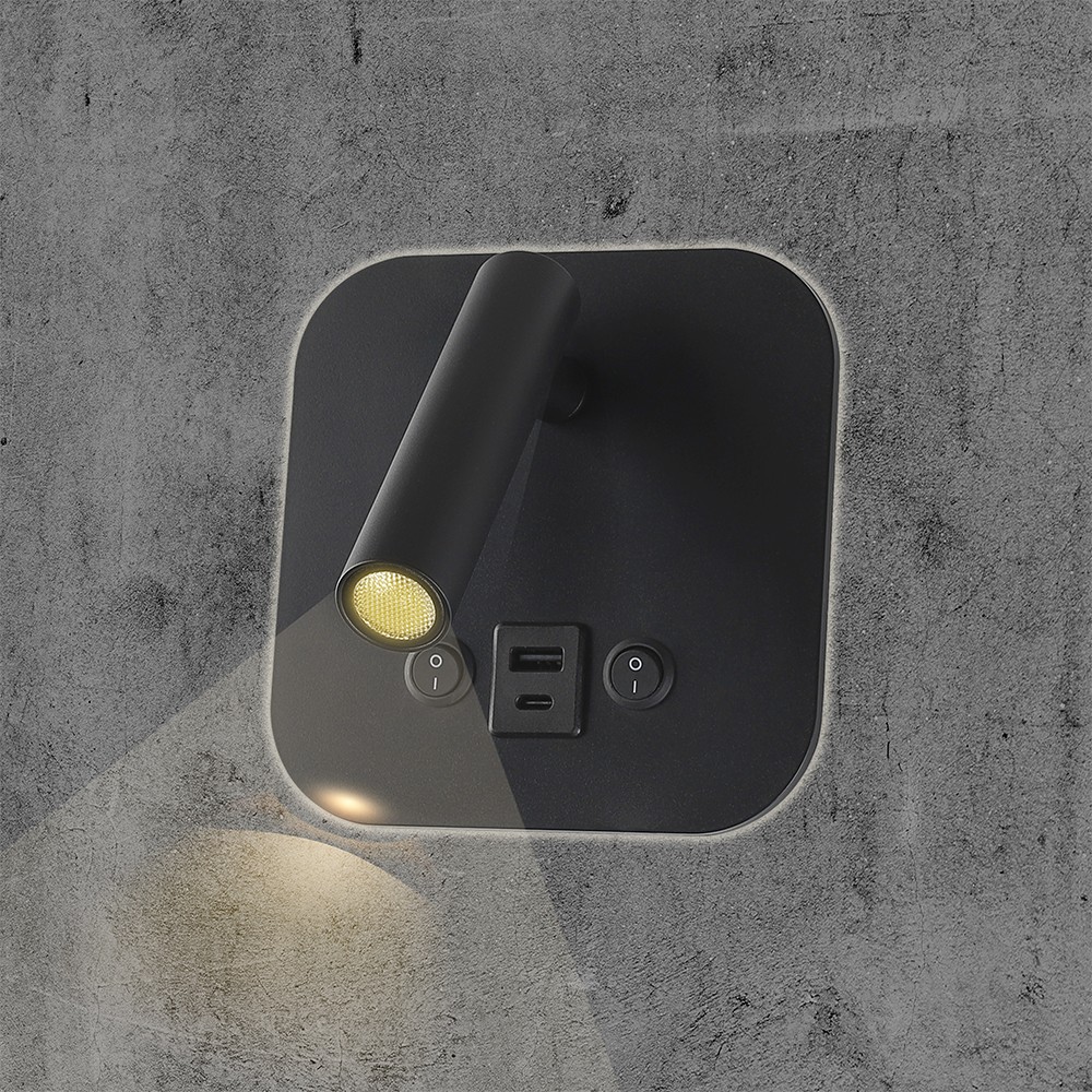 LED sengelampe med vægmontering, USB/PD opladning, 8W, CREE-chip, 3000K, sort
