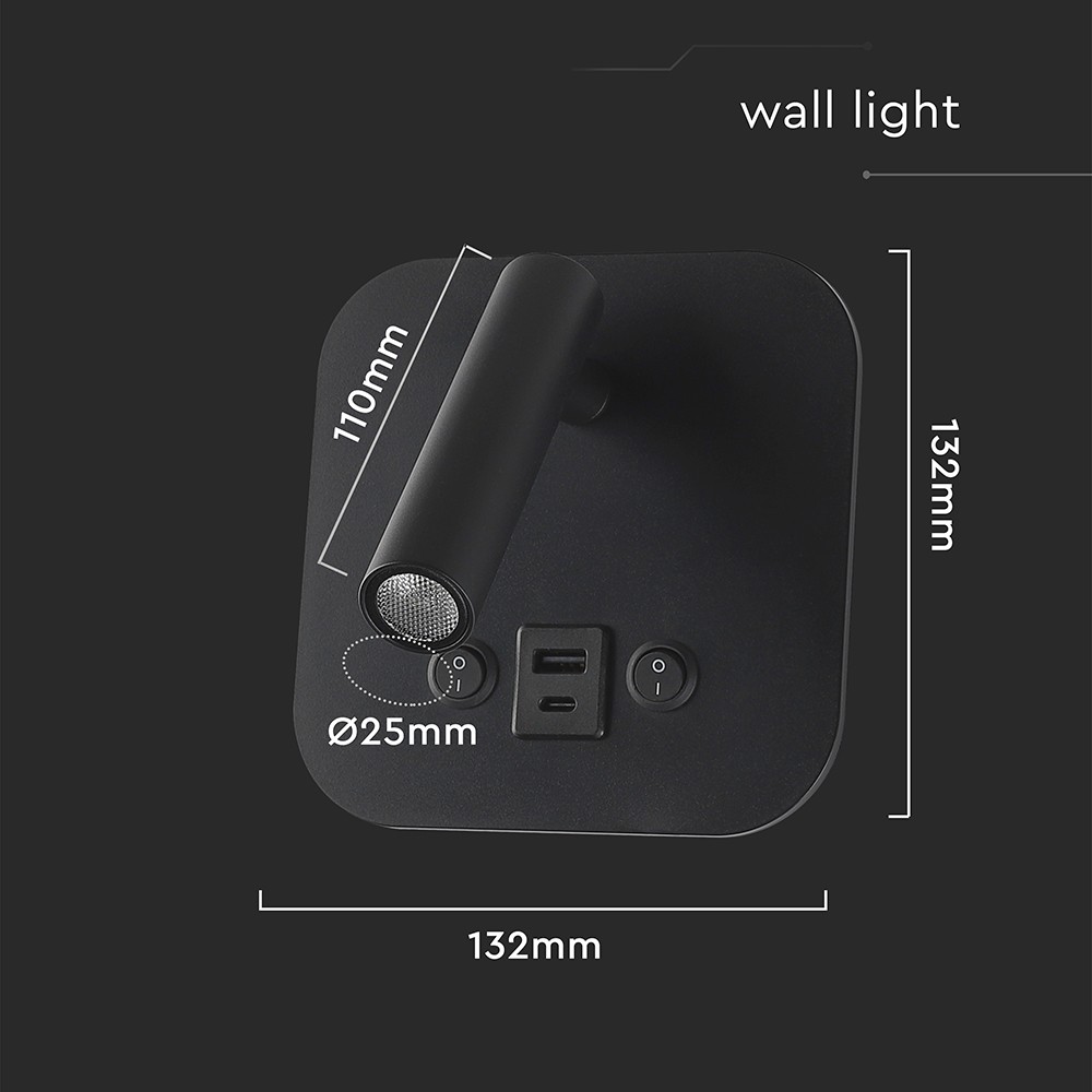 LED sengelampe med vægmontering, USB/PD opladning, 8W, CREE-chip, 3000K, sort