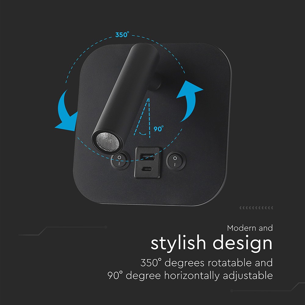 LED sengelampe med vægmontering, USB/PD opladning, 8W, CREE-chip, 3000K, sort