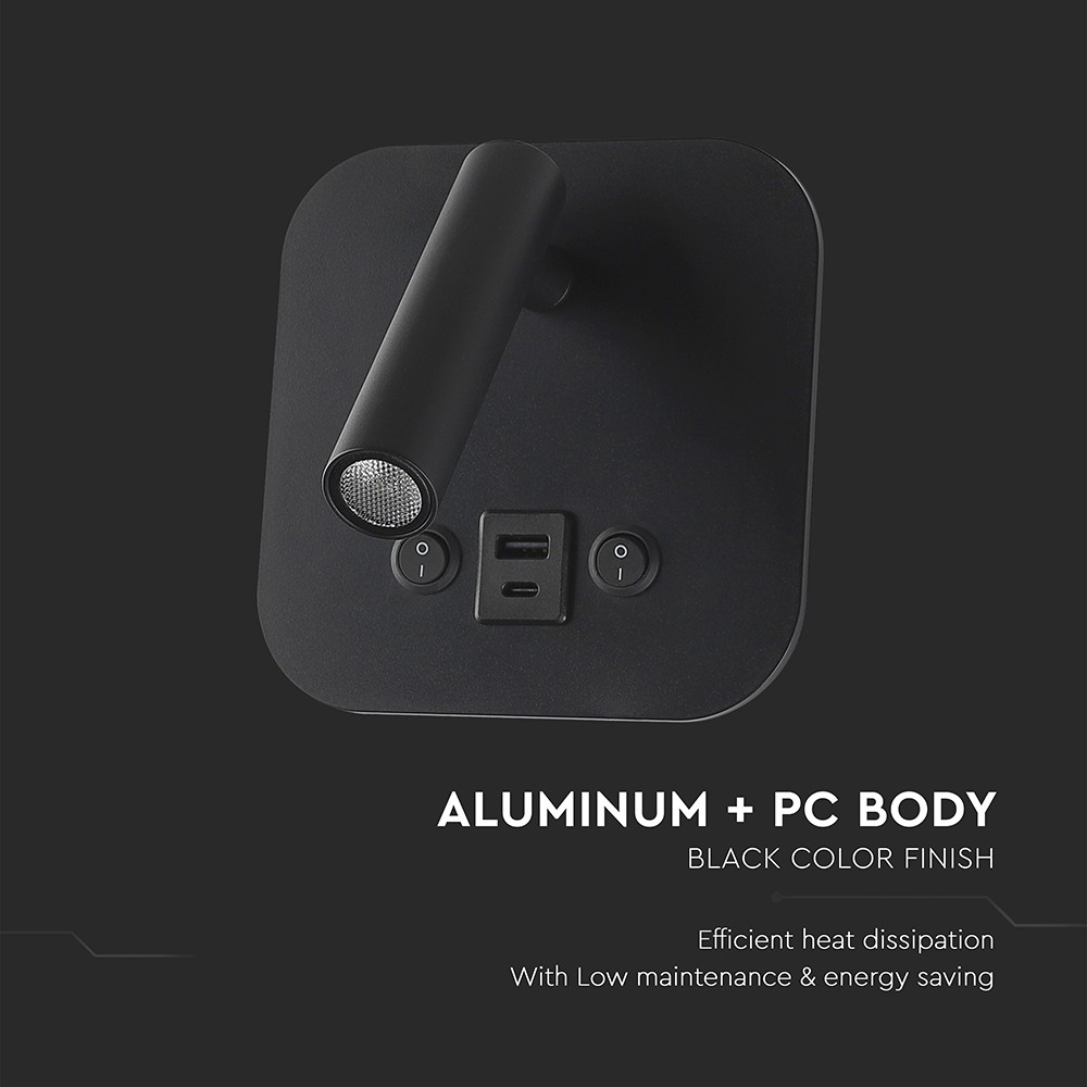 LED sengelampe med vægmontering, USB/PD opladning, 8W, CREE-chip, 3000K, sort