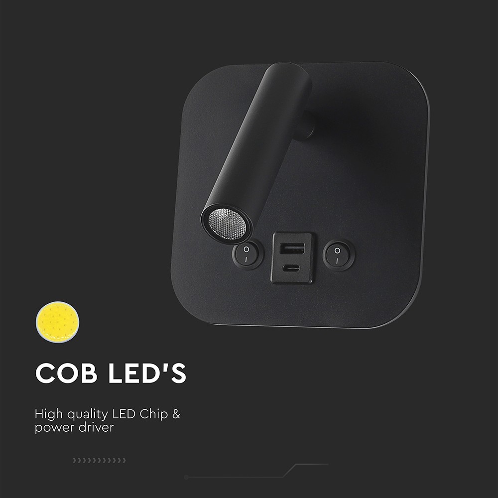 LED sengelampe med vægmontering, USB/PD opladning, 8W, CREE-chip, 3000K, sort