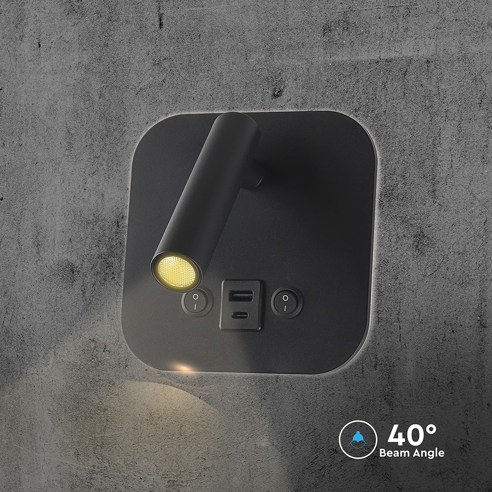 LED sengelampe med vægmontering, USB/PD opladning, 8W, CREE-chip, 3000K, sort