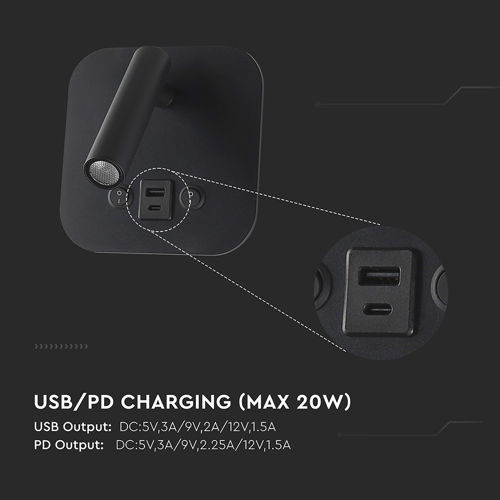LED sengelampe med vægmontering, USB/PD opladning, 8W, CREE-chip, 3000K, sort