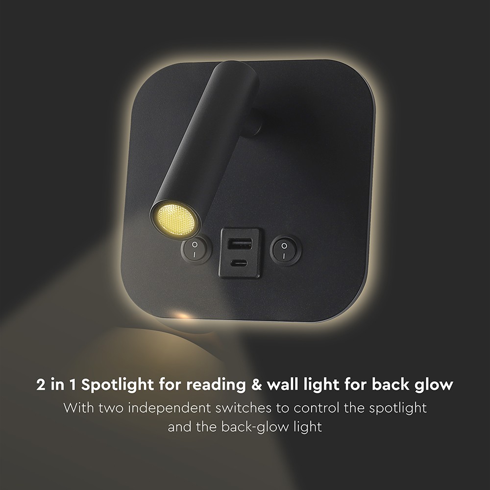 LED sengelampe med vægmontering, USB/PD opladning, 8W, CREE-chip, 3000K, sort