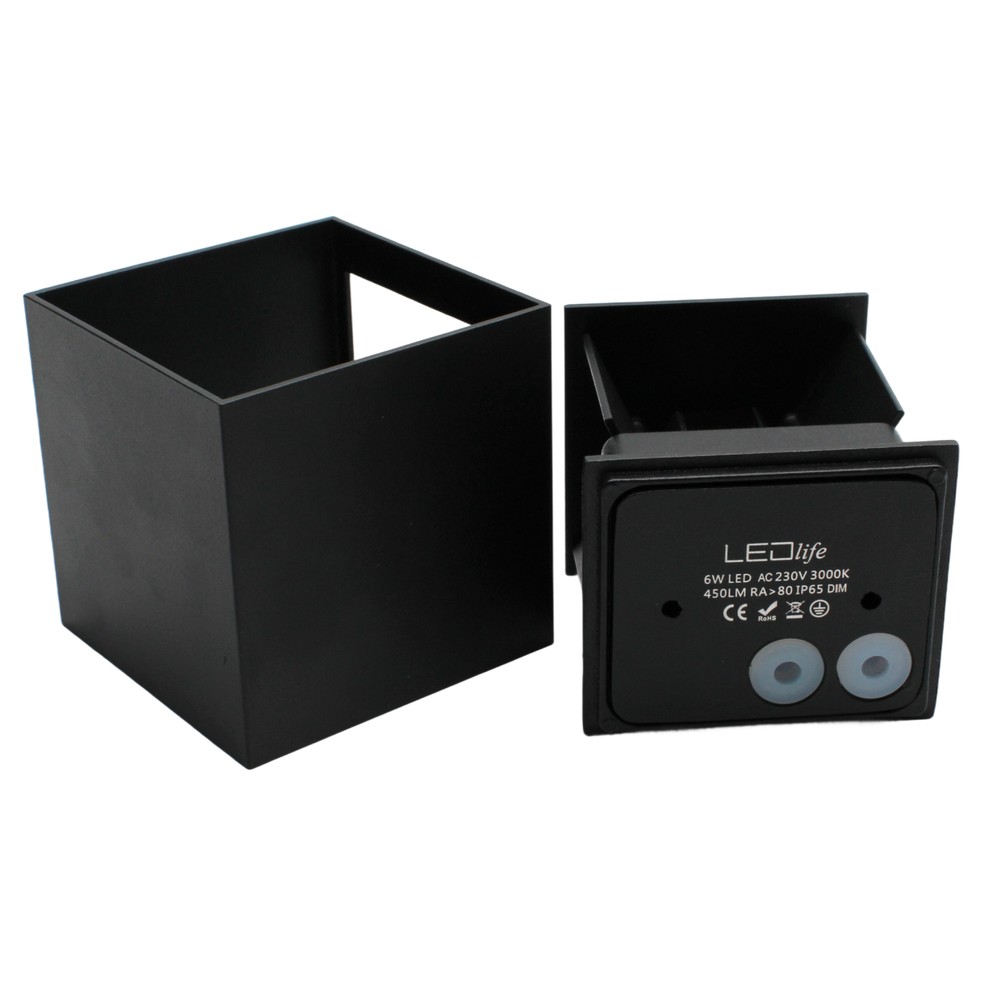 LEDlife CUBIC 6W Væglampe Sort Firkantet Op/Ned Justerbar Inde/Ude IP65 inkl. Lyskilde - 6W Effekt 230V 450lm RA 80