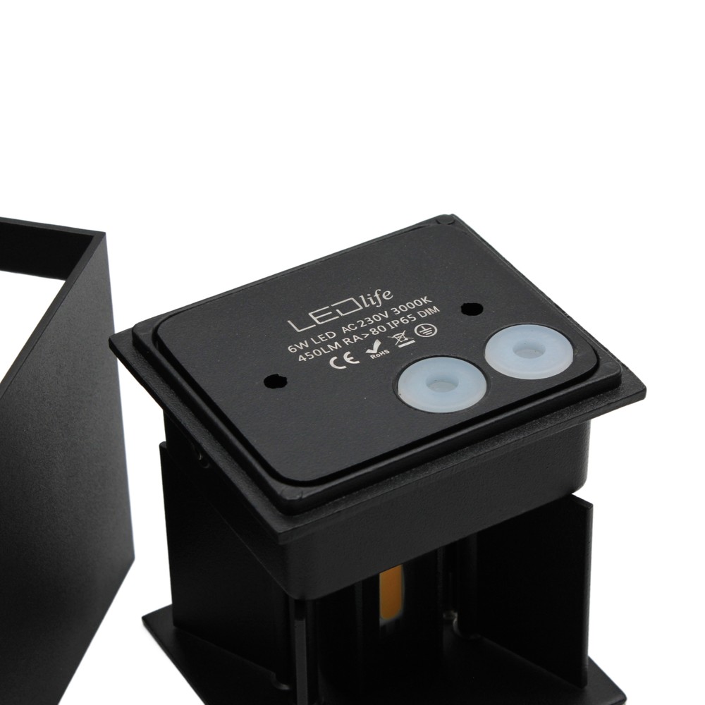 LEDlife CUBIC 6W Væglampe Sort Firkantet Op/Ned Justerbar Inde/Ude IP65 inkl. Lyskilde - 6W Effekt 230V 450lm RA 80