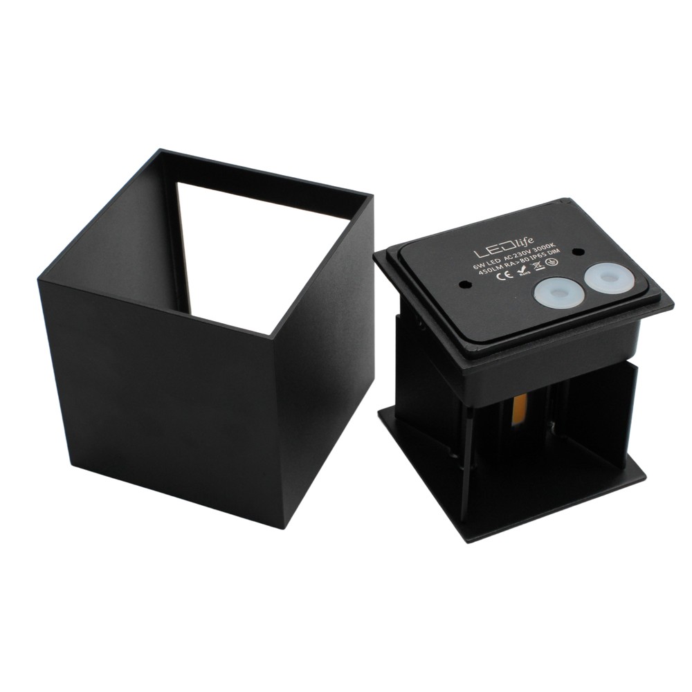 LEDlife CUBIC 6W Væglampe Sort Firkantet Op/Ned Justerbar Inde/Ude IP65 inkl. Lyskilde - 6W Effekt 230V 450lm RA 80